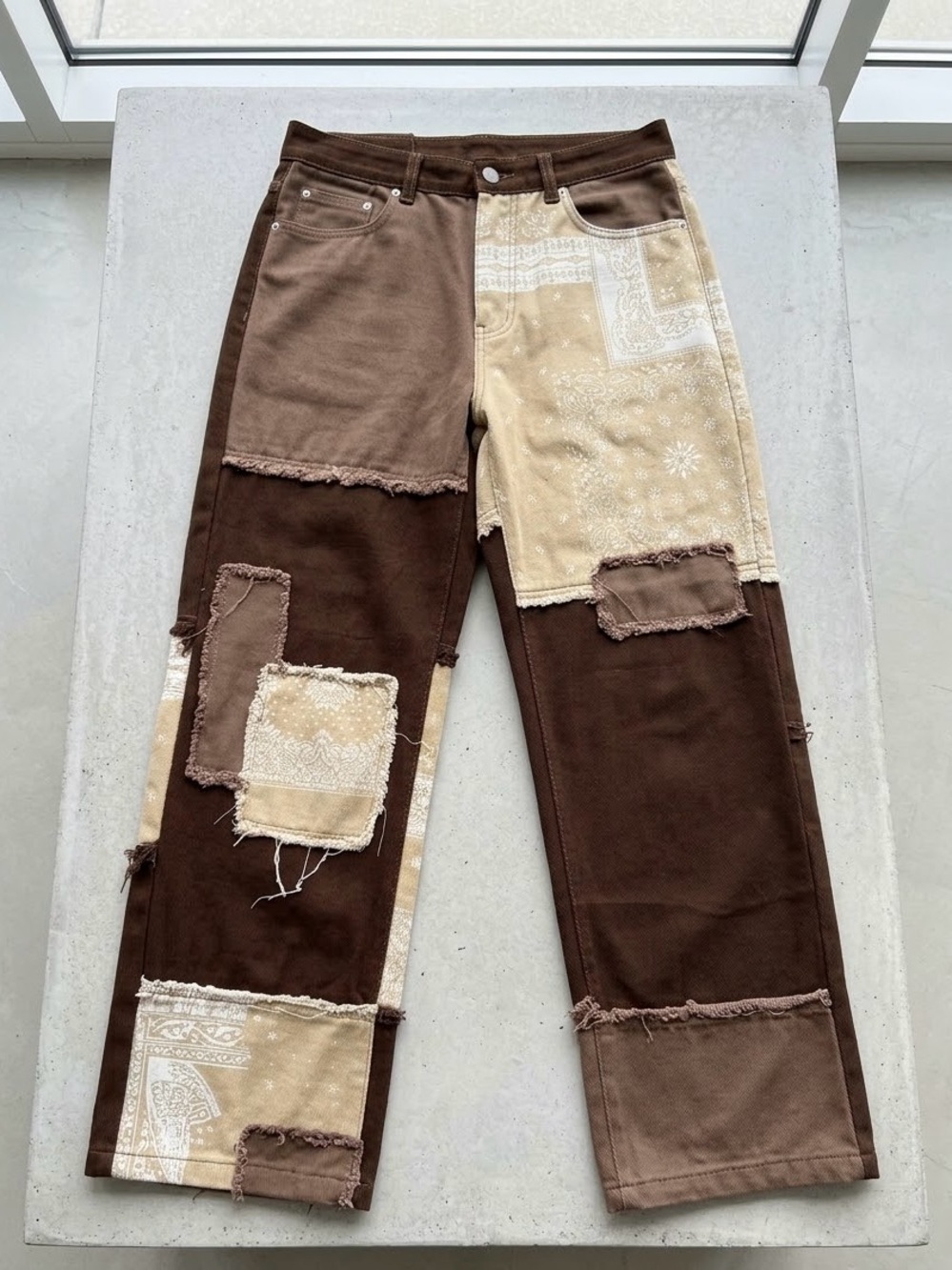 Patchwork Brown & Beige Women's Jeans - Stylish Wide Leg